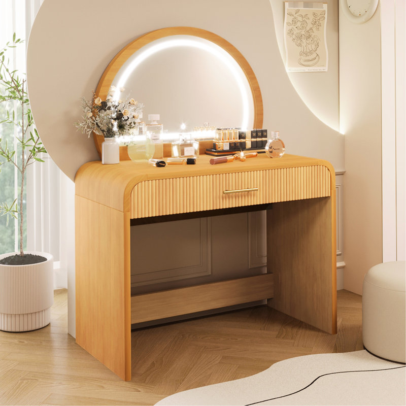 Natural 39-Inch Makeup Vanity Table With Touch Screen Mirror, Drawer For Jewelry Organization, Curved Edges Design, And Quick Setup In Bedroom Dressing Mirror Drawer, Adequate Space Jewelry, Edges,