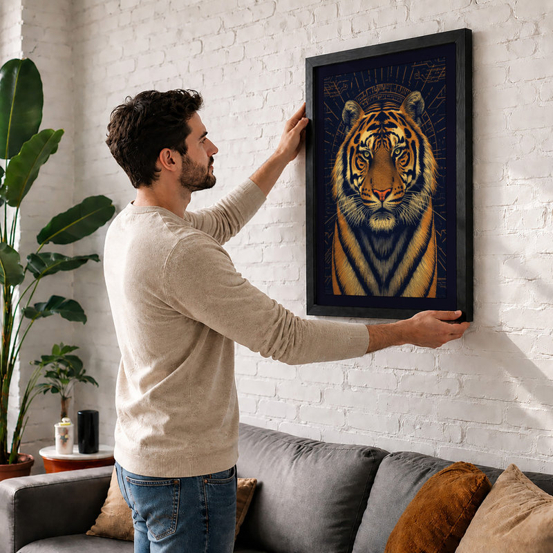 Tiger and Mandala Japandi - Framed Print, A1 - 84.1 x 59.4 cm, White