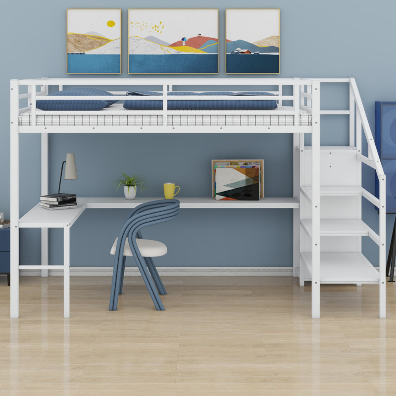 Structure de lit mezzanine en métal avec bureau en L, garde-robe, ports de charge à DEL et USB