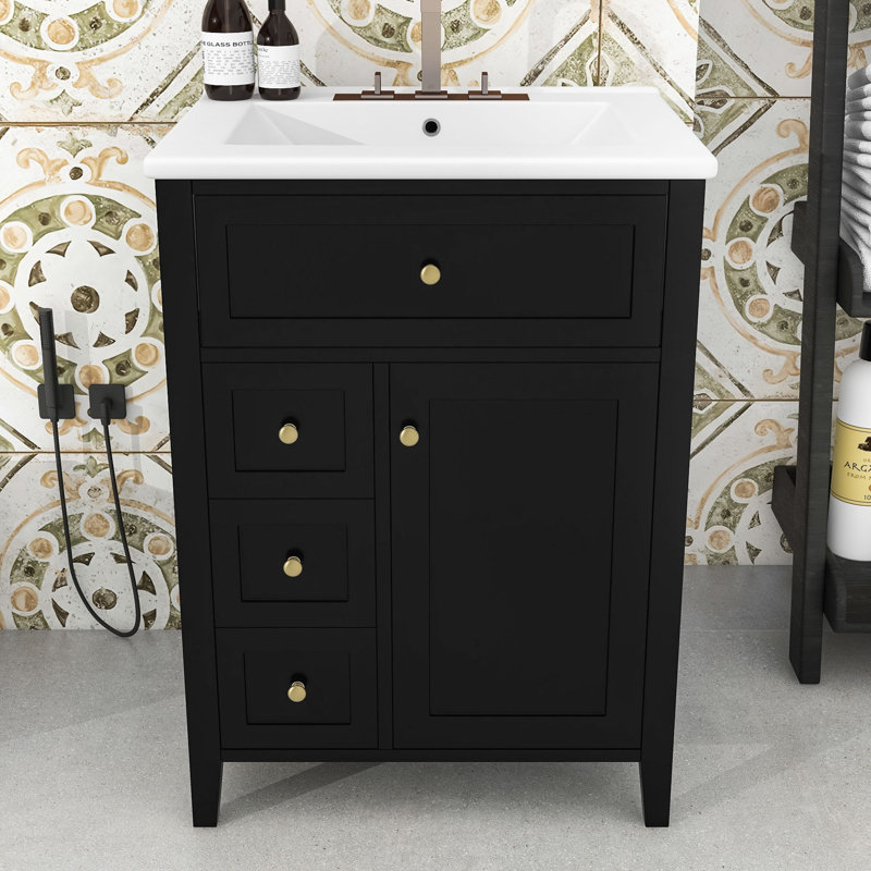 Meuble-lavabo avec lavabo, 4 tiroirs et tablette réglable, Noir / blanc