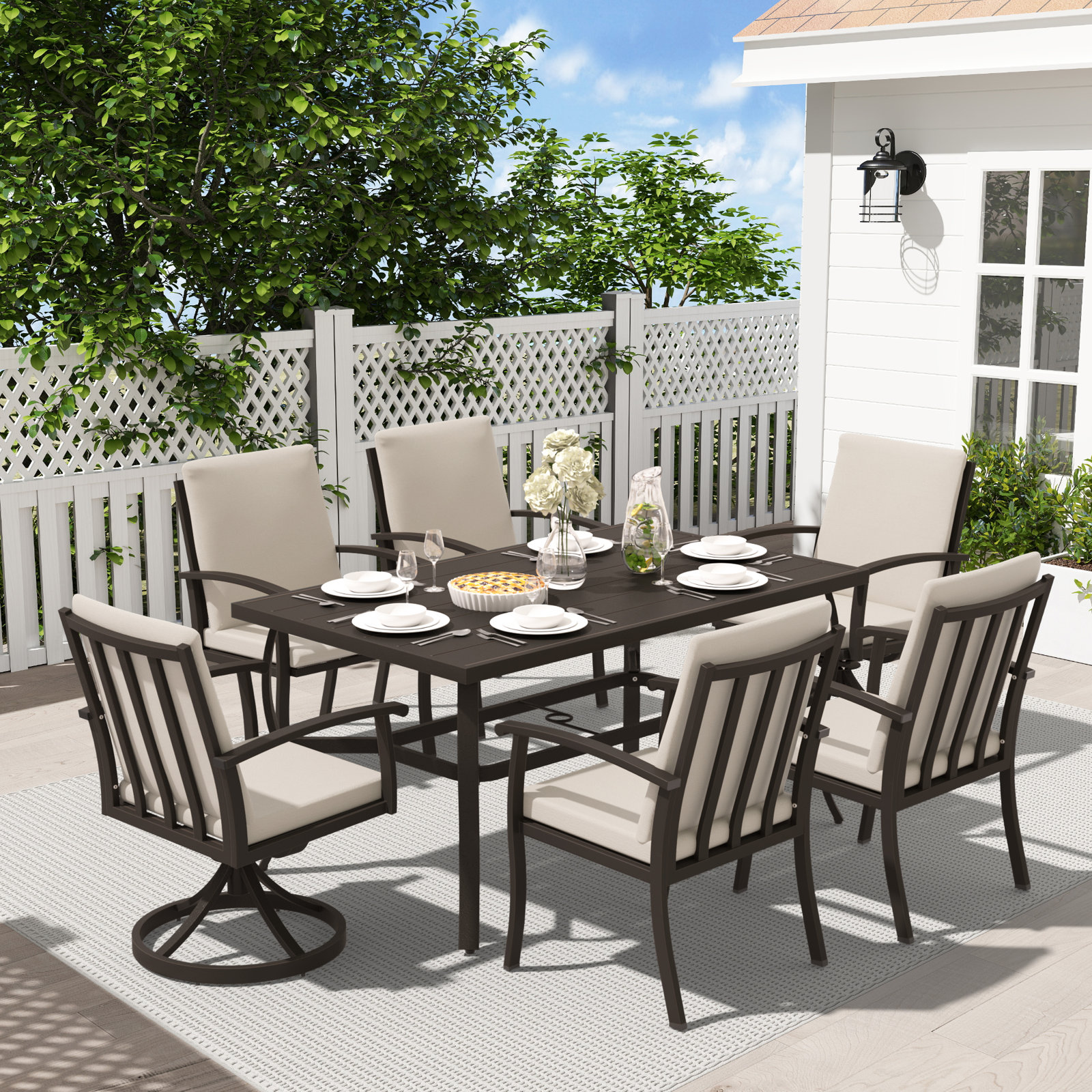 84" Patio Dining Set, 6, Dark Brown