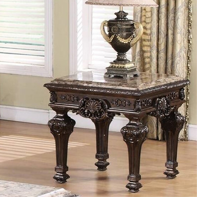 Bois massif, table d'appoint, plateau en marbre, brun cerise, configuration carrée à finition lisse noire et marbre brun, style antique classique