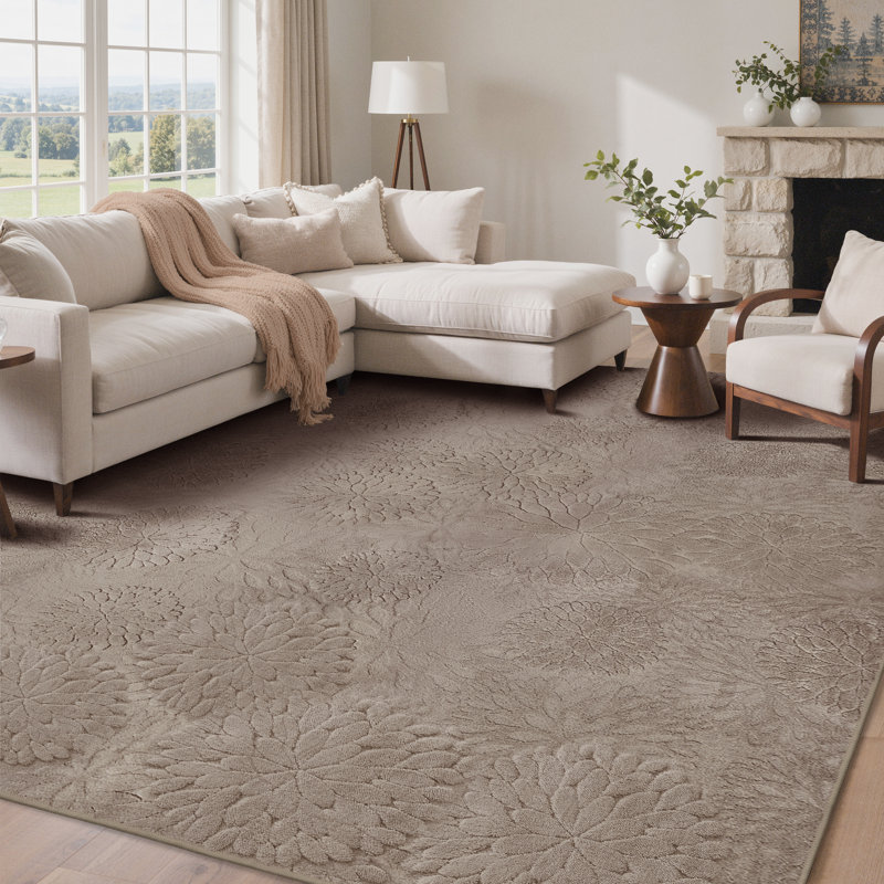 Tapis d'intérieur beige antidérapant à motif floral pelucheux et doux, Beige, Rectangulaire 8 pi x 10 pi