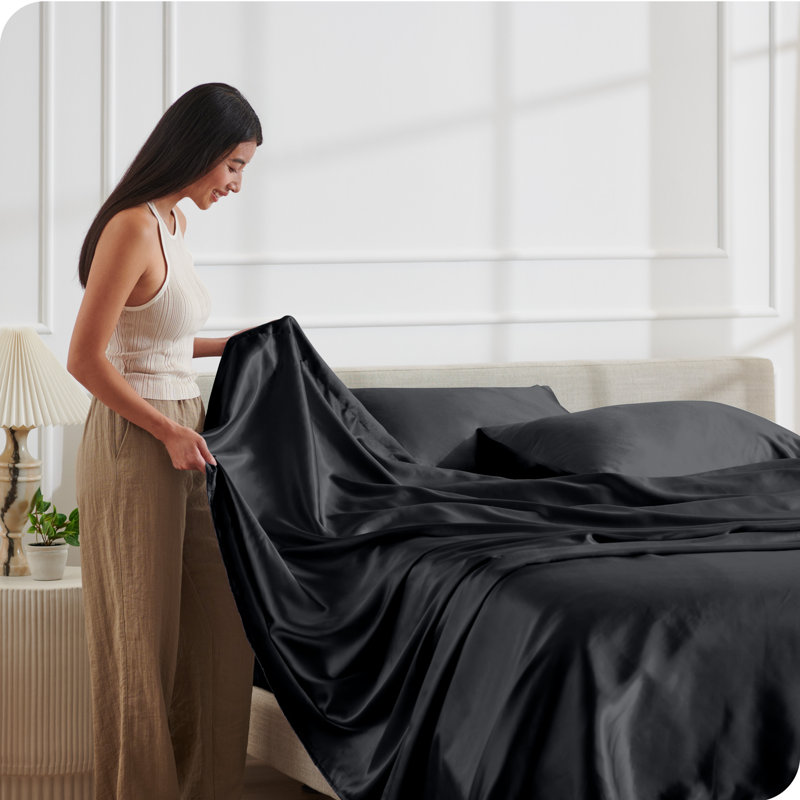 Twin Black Satin Deep Pocket Sheet Set