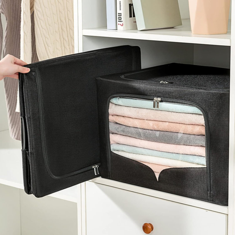 Ensemble de 3 bacs de rangement pour vêtements, boîte de rangement pliable en métal, boîte de rangement empilable en tissu de lin avec poignées de transport et fenêtre transparente (15,7 po x 11,8 po x 7,8 po (22 L))