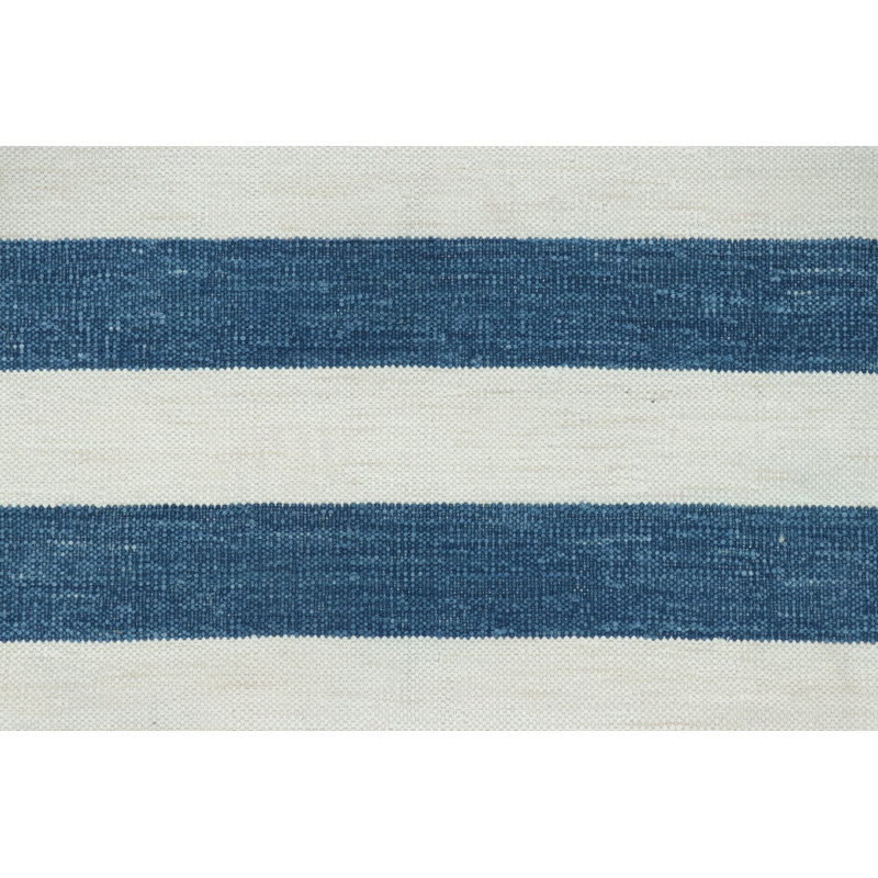 Rug & Kilim’S Indian Dhurrie Rug In Cool, Coastal Navy Blue And White Stripes