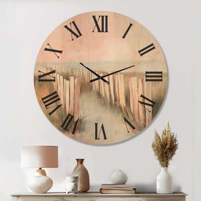 Horloge murale surdimensionnée Blush Dune Fence Path I - Plage, imprimée sur bois