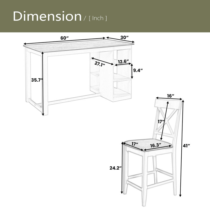 Ensemble de table de salle à manger à hauteur de comptoir en bois massif 60 po x l 30 po avec tablettes de rangement à 3 niveaux et chaises rembourrées pour 4