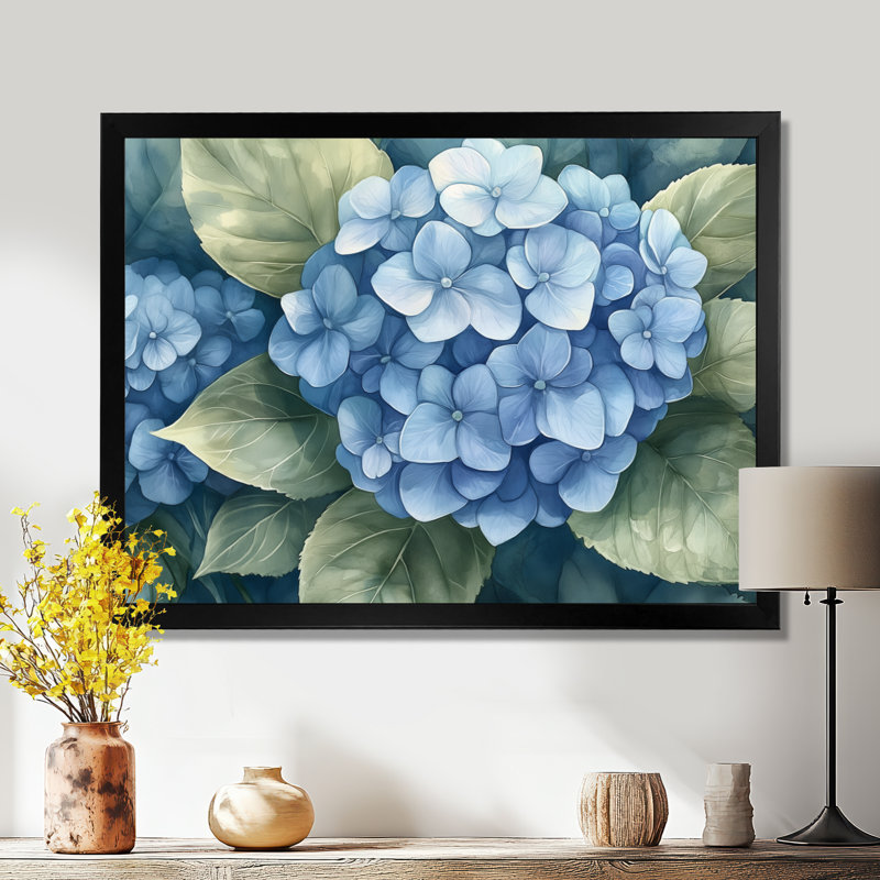 Hortensia bleu pâle et vert poudré - Tableau encadré, H 34 po x l 44 po, Black Picture Framed