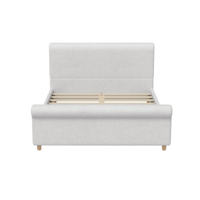 Queen Size Upholstered Bed Frame with High Headboard & Rolled Footboard, Platform Sleigh Bed Frame with Solid Wood Legs & Slats Support, No Box Spring Needed, Beige