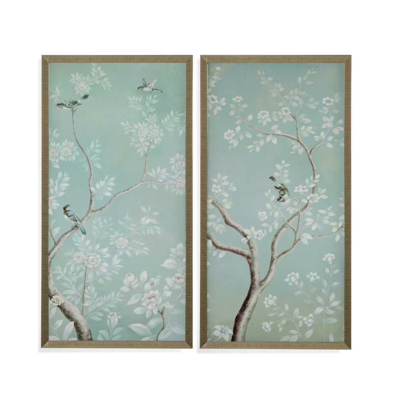 Birds & Flowers Framed Print Set of 2 Brushed Silver Gold Frame USA