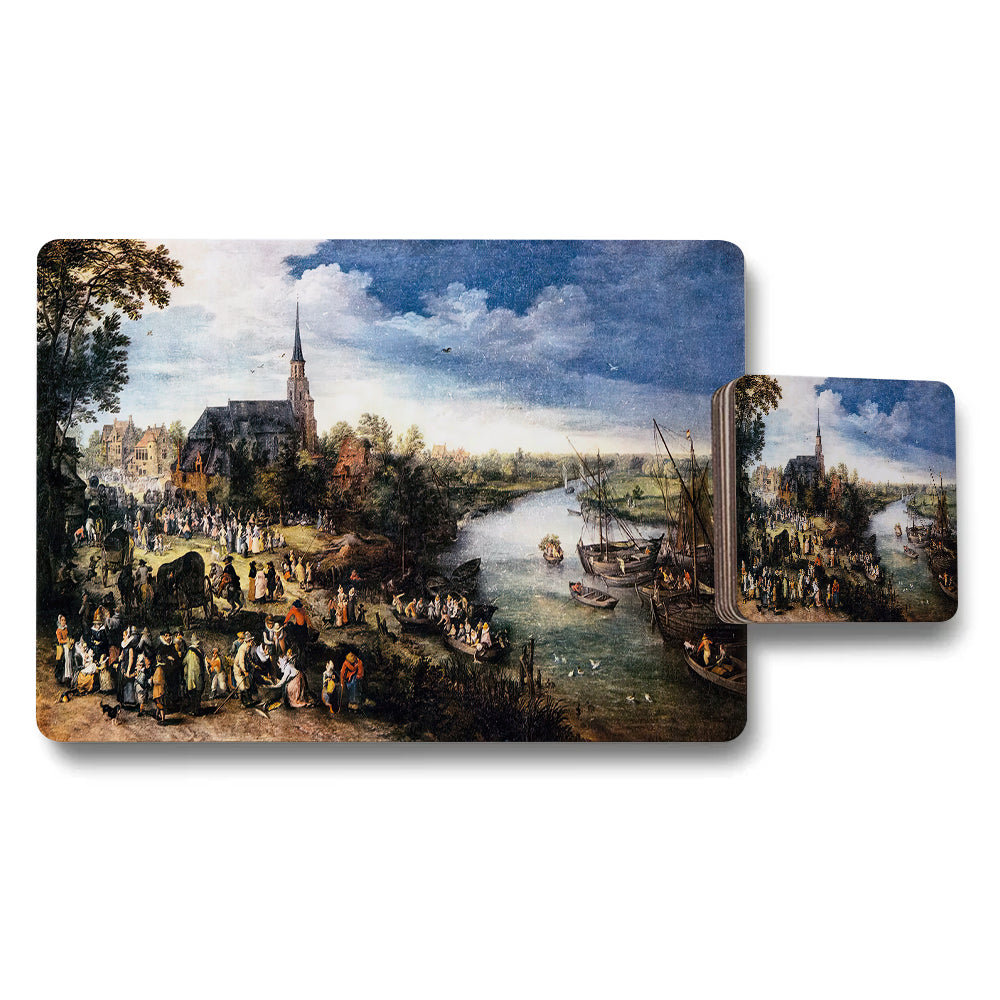 Vintage River Village Scene Placemat and Coaster Set