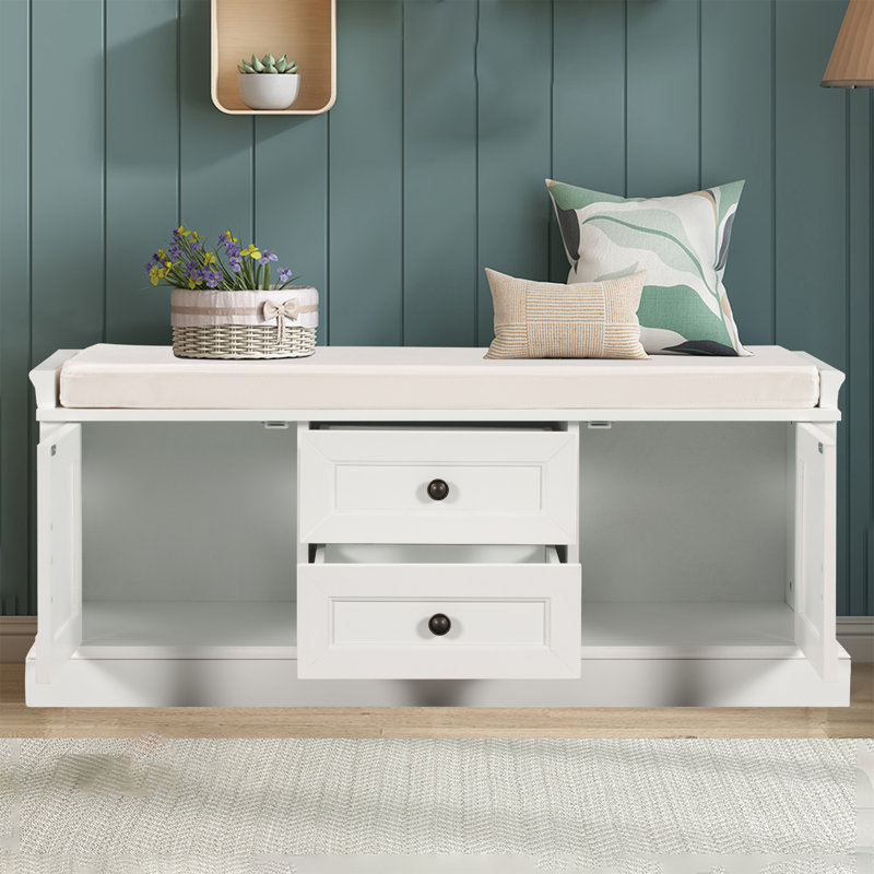 Storage Bench With 2 Drawers And 2 Cabinets, White