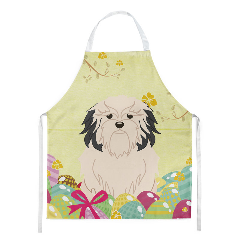 Tablier œufs de pâques, Blond / crème / noir, Petit chien lion