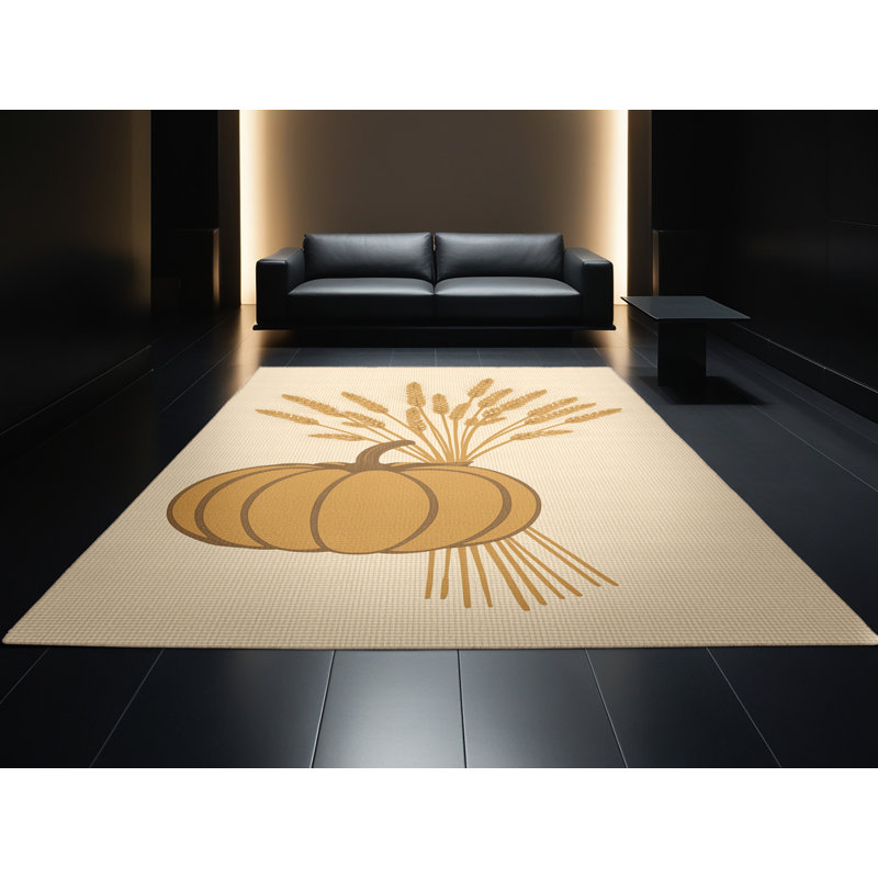 Tapis abstrait moderne et contemporain lavable à la machine Champlost Thanksgiving en beige - reliure beige, 6 x 9