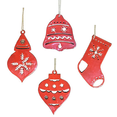 S/4 5-8"H Red Enamel Finish Bell/Finial/Onion/Stocking Ornament