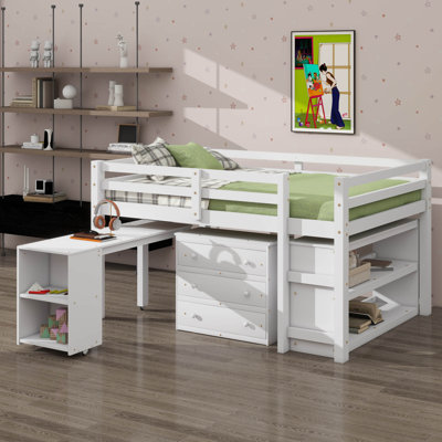 Full-Sized Loft Bed With Integrated Cabinet, Shelves, And A Mobile Rolling Desk, Multi-Functional Bed