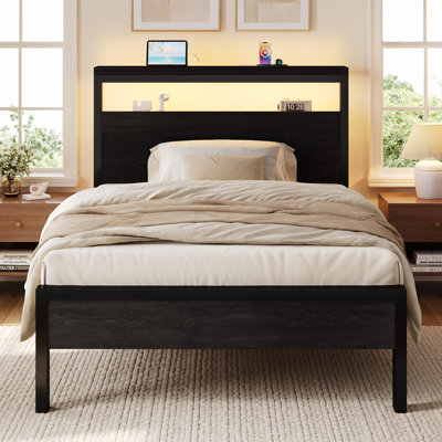 Black Metal Platform Bed Frame with Wooden Headboard —Smart LED Lights,  2‑Tier Shelf & Built‑In Charging Station