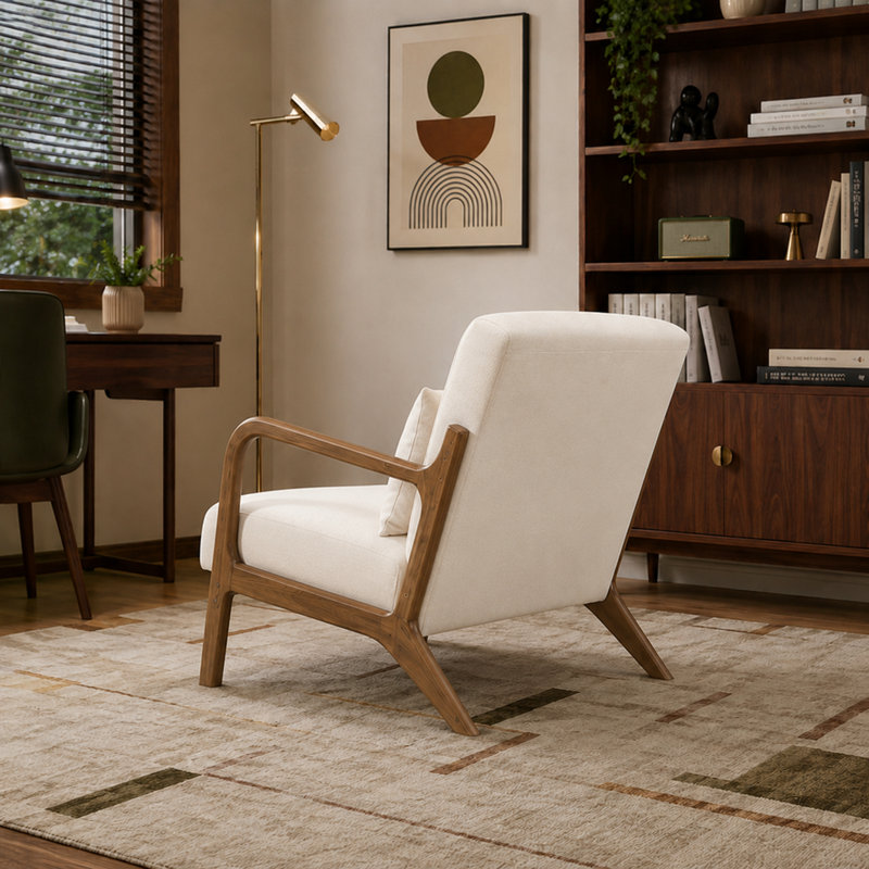 Fauteuil d'appoint Mid Century, Noyer, Blanc antique et lin en coton