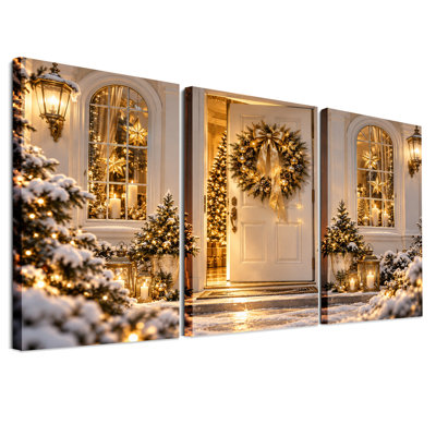 White Front Door With Gold Wreath And Christmas Set Of 3 Canvas Wall Art
