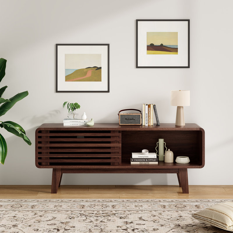 Modern TV Stand For Tvs Up To 50" With Mobile Sliding Door Design, Dark Brown Wood