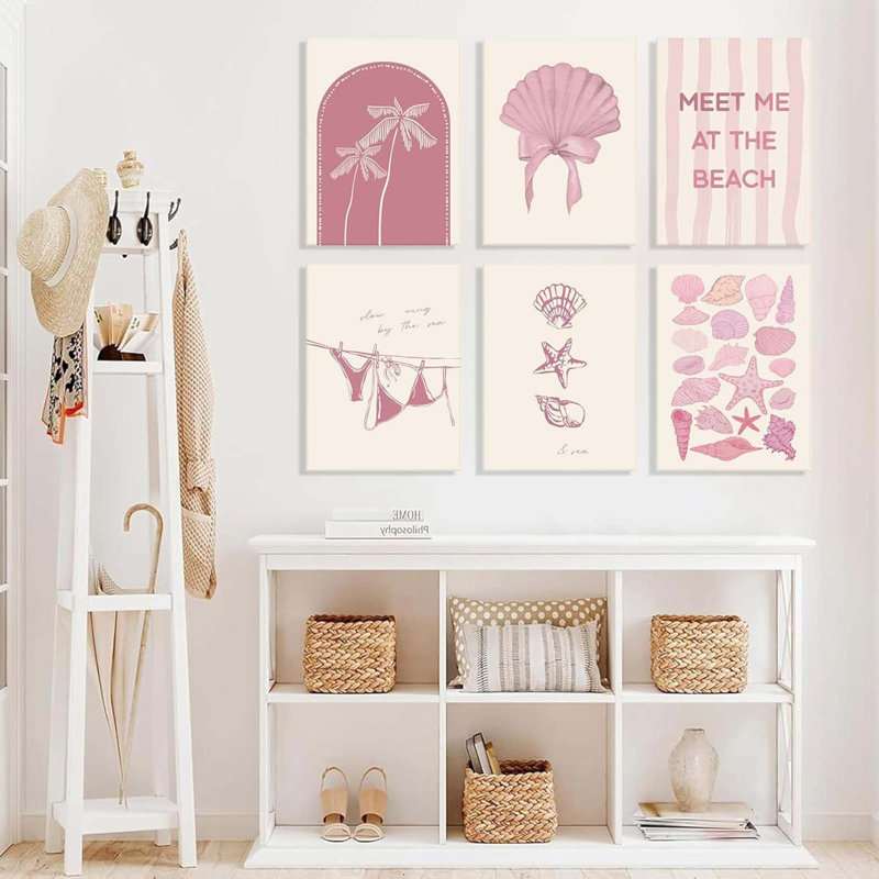 6Pcs Pink Beach Wall Art Preppy Coastal Canvas Posters Bikini Coquette Prints Shells Starfish Painting Picture Palm Tree Wall Decor Summer Ocean Artwork Bedroom Dorm Apartment Framed 12X16 Inch