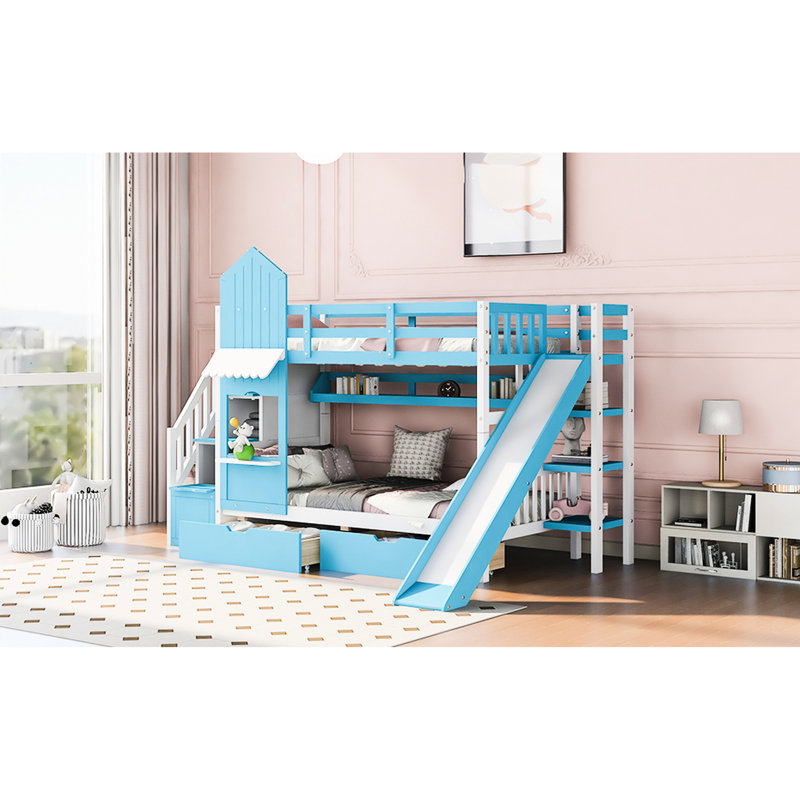 Twintwin Bunk Bed With 2 Drawers, 3 Shelves And Slide - Blue. Solid Wood Construction For Over 6 Years. No Box Spring Required. 106.3"L X 76.6"W 72.8"H. 250Lbs Weight Capacity Each Blue A Slide. 6.