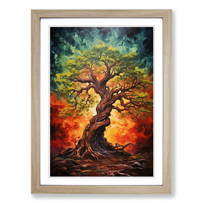 Oak Tree Action Painting - Single Picture Frame Print on Wood, Oak Framed, 64cm H x 46cm W x 2cm D