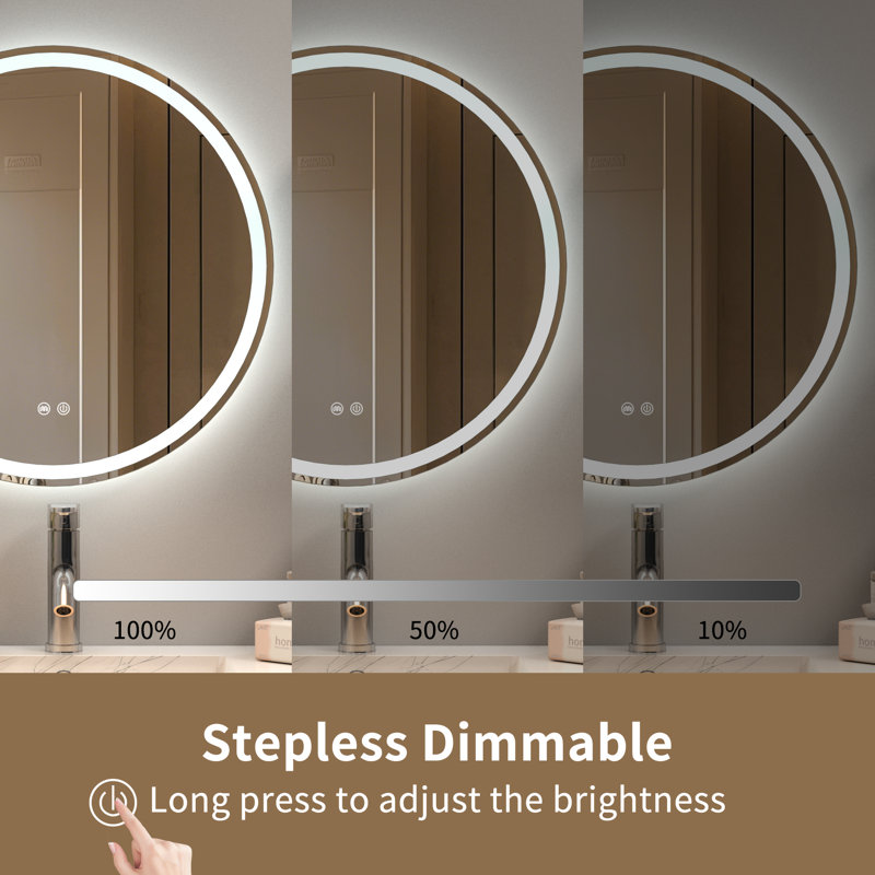 Round LED Mirror 3 Colors & Brightness Adjustable with Anti-Fog, 24" x 24"