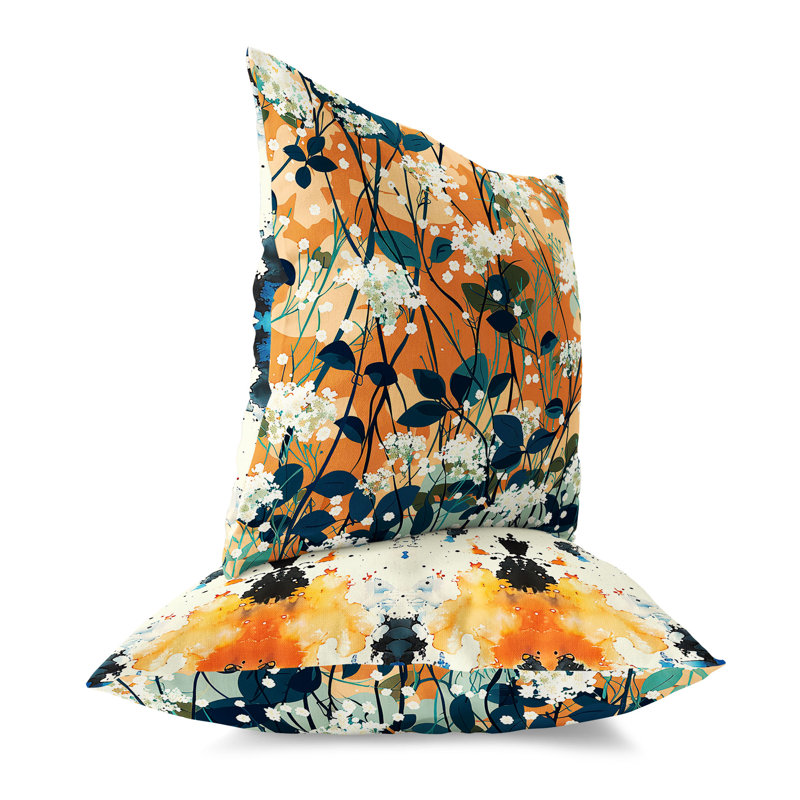 Coussin décoratif encre / feuille d'intérieur / extérieur Ink and Leaf, Bleu / Orange, H 18 po x l 18 po