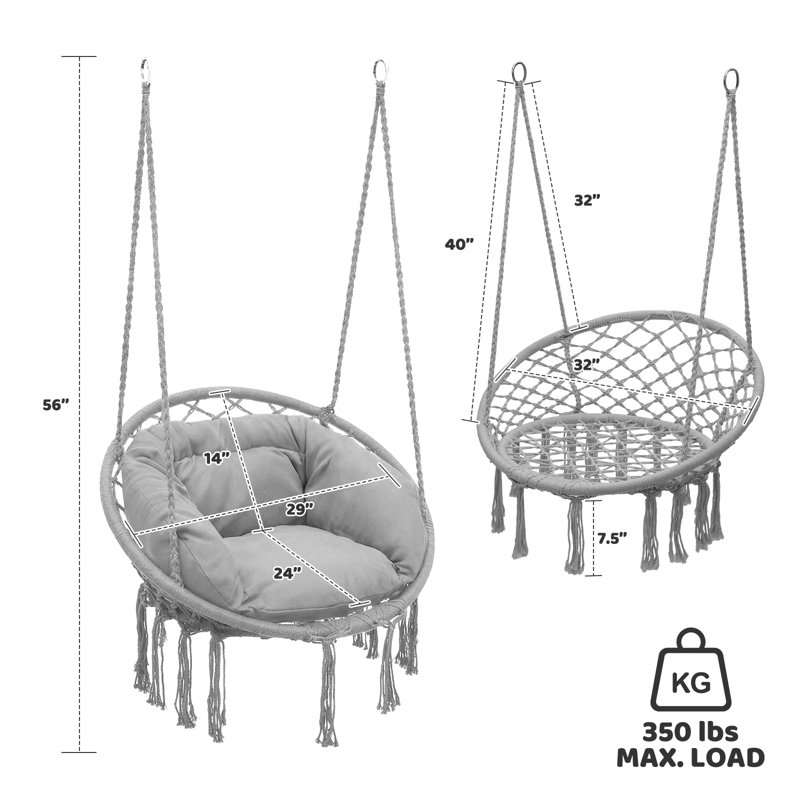 Chaise de hamac suspendue Macrame, balançoire en corde de coton pour 1 personne avec coussin et quincaillerie pour l'intérieur et l'extérieur