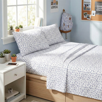 Ensemble de draps en microfibre toutes saisons de qualité supérieure 4 pièces Aeropostale, 2 taies d'oreiller, 1 drap-housse, 1 drap plat, pour matelas jusqu'à 16 po de profondeur, taille simple, motif floral bleu mauve