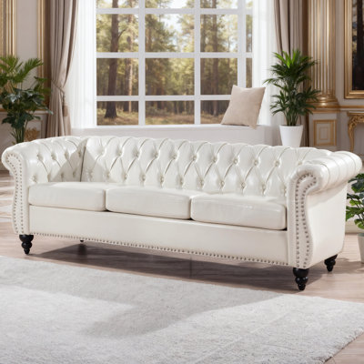 Canapé Chesterfield classique 84 po en cuir synthétique capitonné à 3 places avec accoudoirs roulés et garniture cloutée