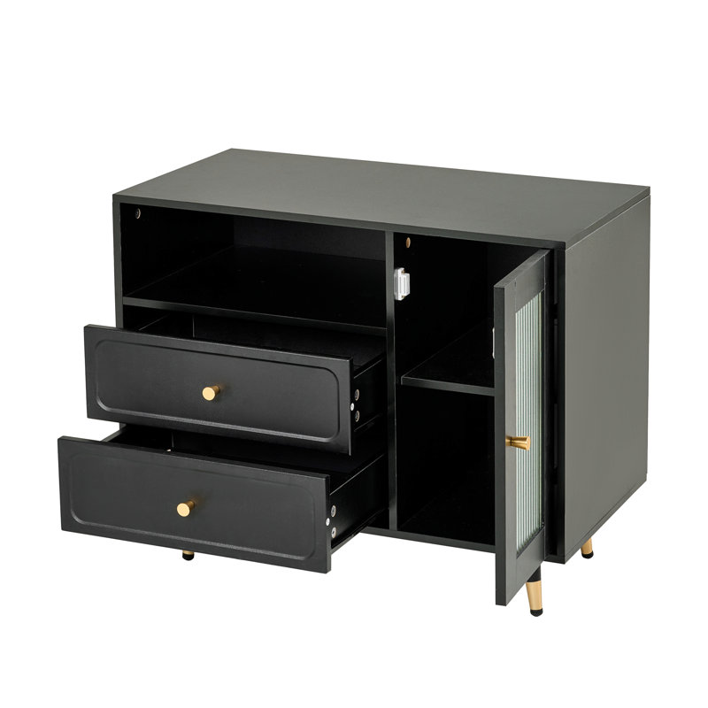 Black Makeup Table With Adjustable Cabinet, Large Mirror, And Generous Storage, Featuring Drawer Divided Compartments Fluted Glass Door For Bedroom Decor Modern Dressing 3 - Color Lighting, Side