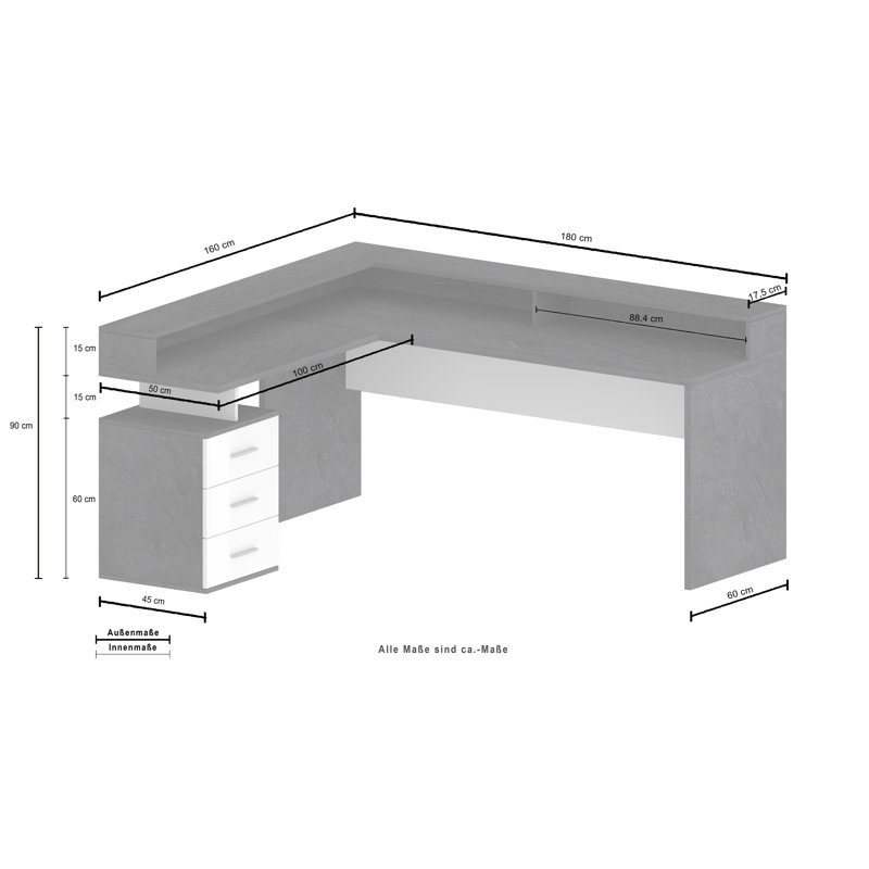 Basim L-Shaped Computer Desk, Grey/White