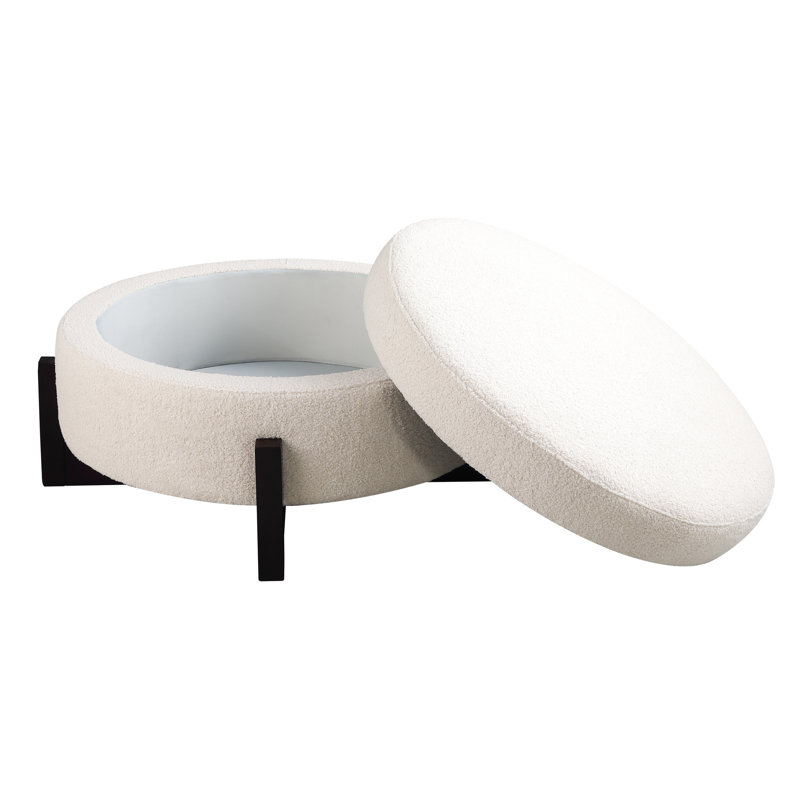Rond beige avec rangement, quatre pieds en chêne, siège rembourré mi-doux, accoudoirs carrés beiges élégants, résistant, dossier coussiné
