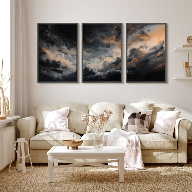 Stormy Dramatic Cloudscape Triptych – Pictures Framed Canvas Print 3 Pieces Wall Art, 24" H x 48" W x 1.5" D, Black Frame