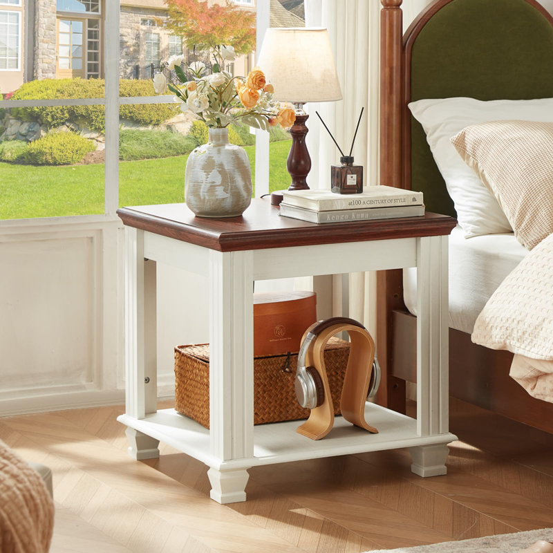 Ensemble de 2 tables de bout Farmhouse avec tablette de rangement à 2 niveaux, grande table d'appoint carrée avec 4 pieds carrés en bois massif, petite table basse de salon, blanc