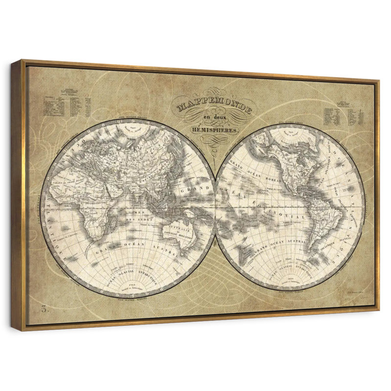 Carte du monde français I, 25 po x 17 po, Cadre flottant doré