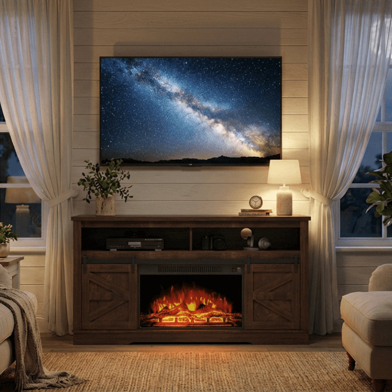Thoa 58'' Media Console TV Stand For TVs Up To 65" With Electric Fireplace Included, Brown