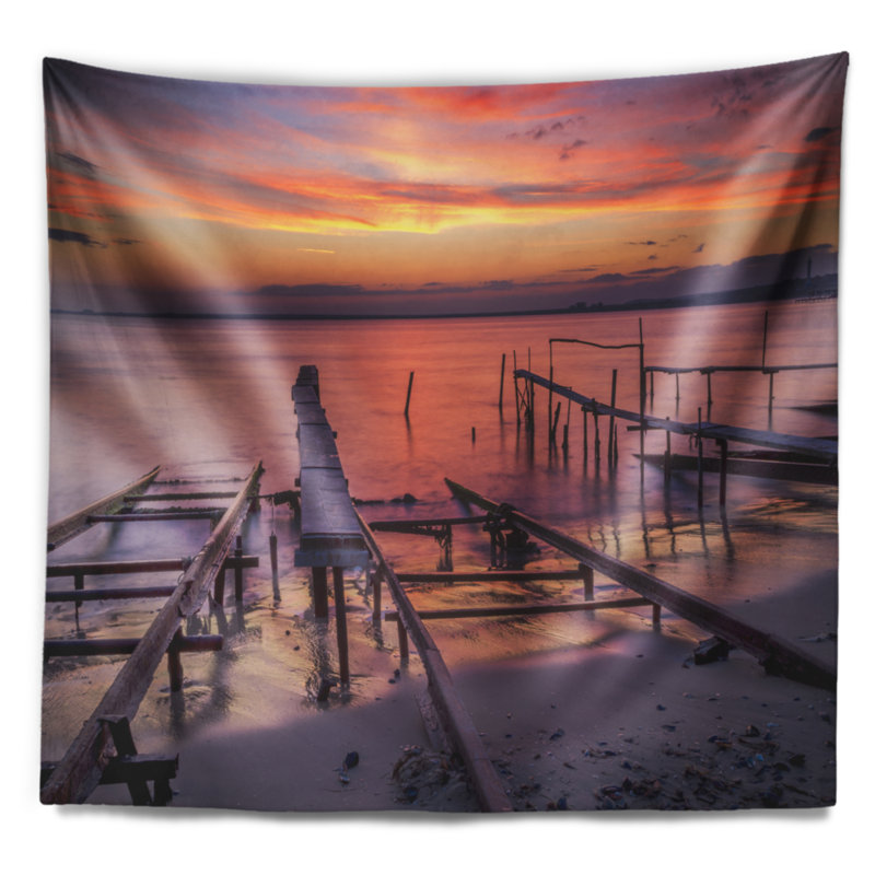 Pilier de pêche en mer à coucher de soleil tapisserie et à fixation murale mer shore, H 50 po x l 60 po