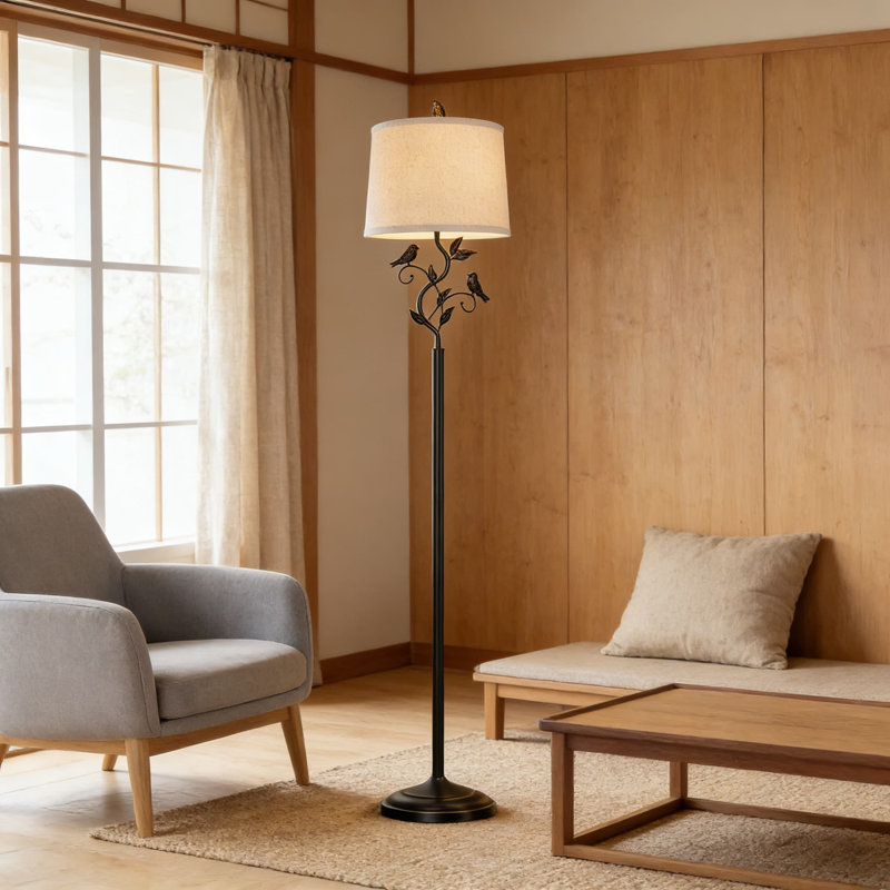 Lampe sur pied rustique de 63 pouces avec motif oiseau et feuille, lampe sur pied rétro pour le salon ou la chambre à coucher, comprend un abat-jour en lin et une ampoule, interrupteur rotatif