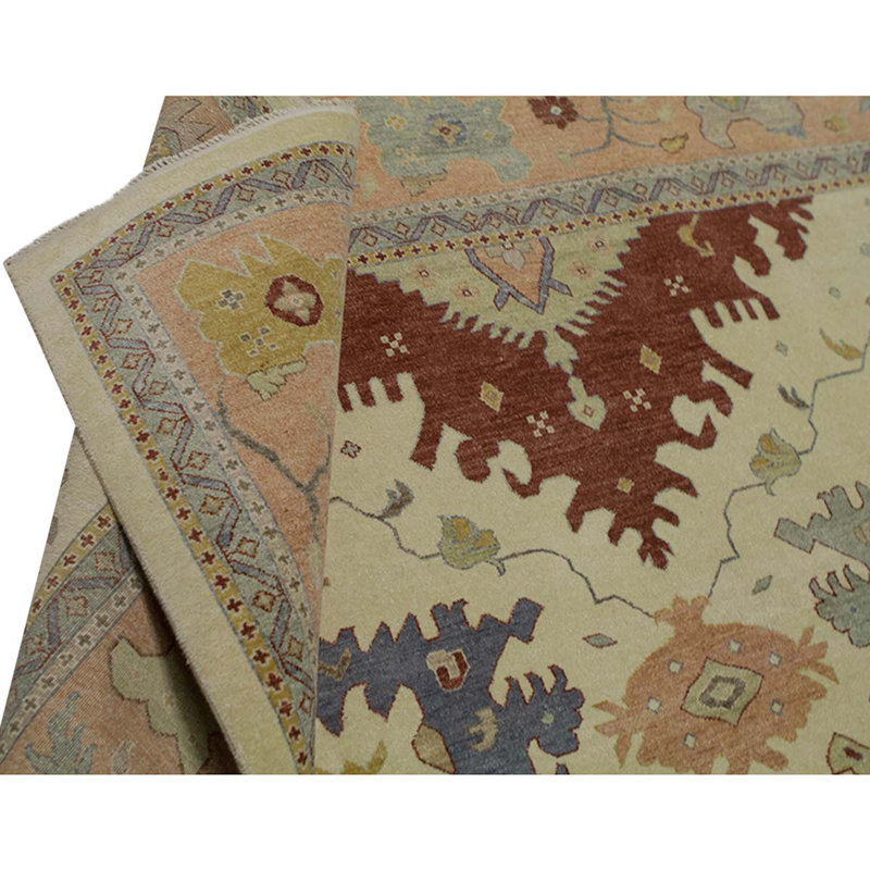 Tapis oriental corail / beige / bleu clair en laine tissé à la main 9 pi 1 po x 12 pi 2 po
