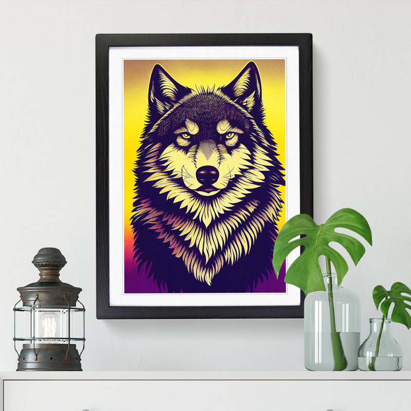 FRM-V0523-2923X Wolf Retro Art - Single Picture Frame Print, Black, 34cm H x 25cm W x 2cm D