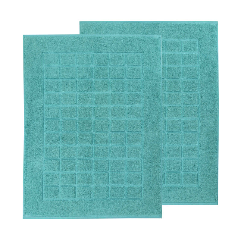 100% Cotton Thick & Absorbent Reversible Checkered Bath Mats - Set Of 2, Turquoise