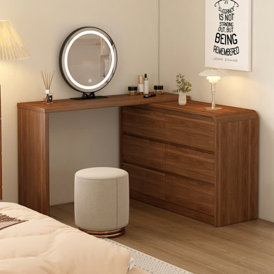 Bureau de coiffeuse avec miroir et lumières, commode de maquillage extensible en noyer Mid-Century de 50 à 90 pouces avec commode à 6 tiroirs de 47 pouces, coiffeuse en L et tabouret, brun