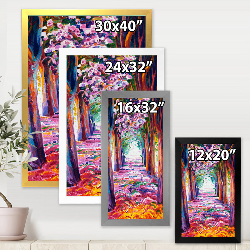 Forêt rose au printemps - Peinture sur toile, H 32 po x l 16 po x P 1 po, Cadre photo blanc