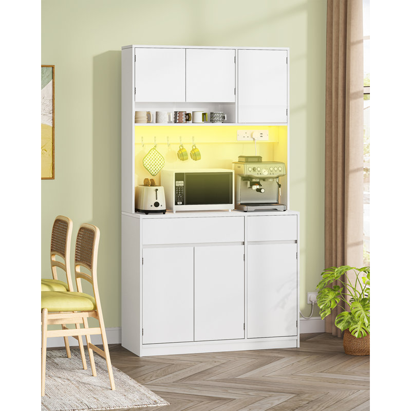 Kitchen Cupboard with LED & Power Outlet, 180cm Tall Kitchen Cabinet with Countertop & 2 Drawers, Sideboard Storage Cabinet Adjustable Shelves, Dining Room, 40 x 100 x 180 cm