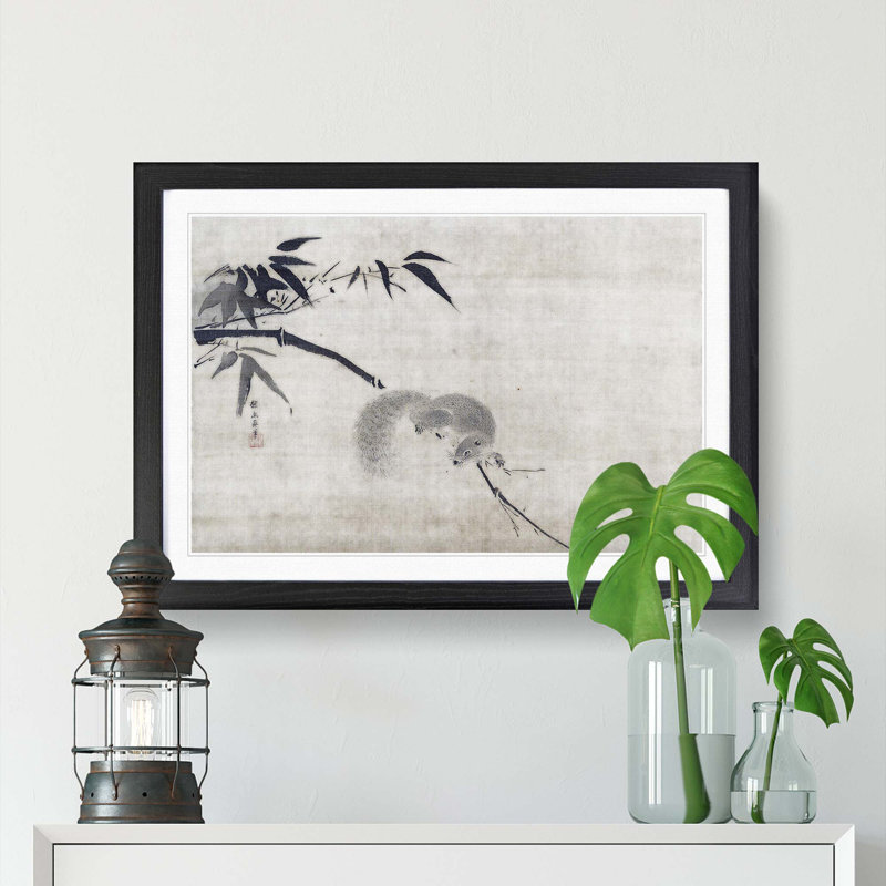 Squirrel on a Bamboo by Kano Tan'yu - Picture Frame Painting Print, 48cm H x 65cm W x 2cm D, Black Framed