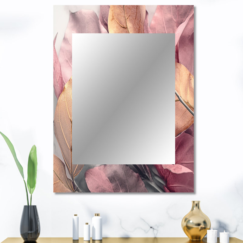 Or rose, feuilles Harmony II - grand miroir mural floral, miroir traditionnel unique, impression d'art en métal